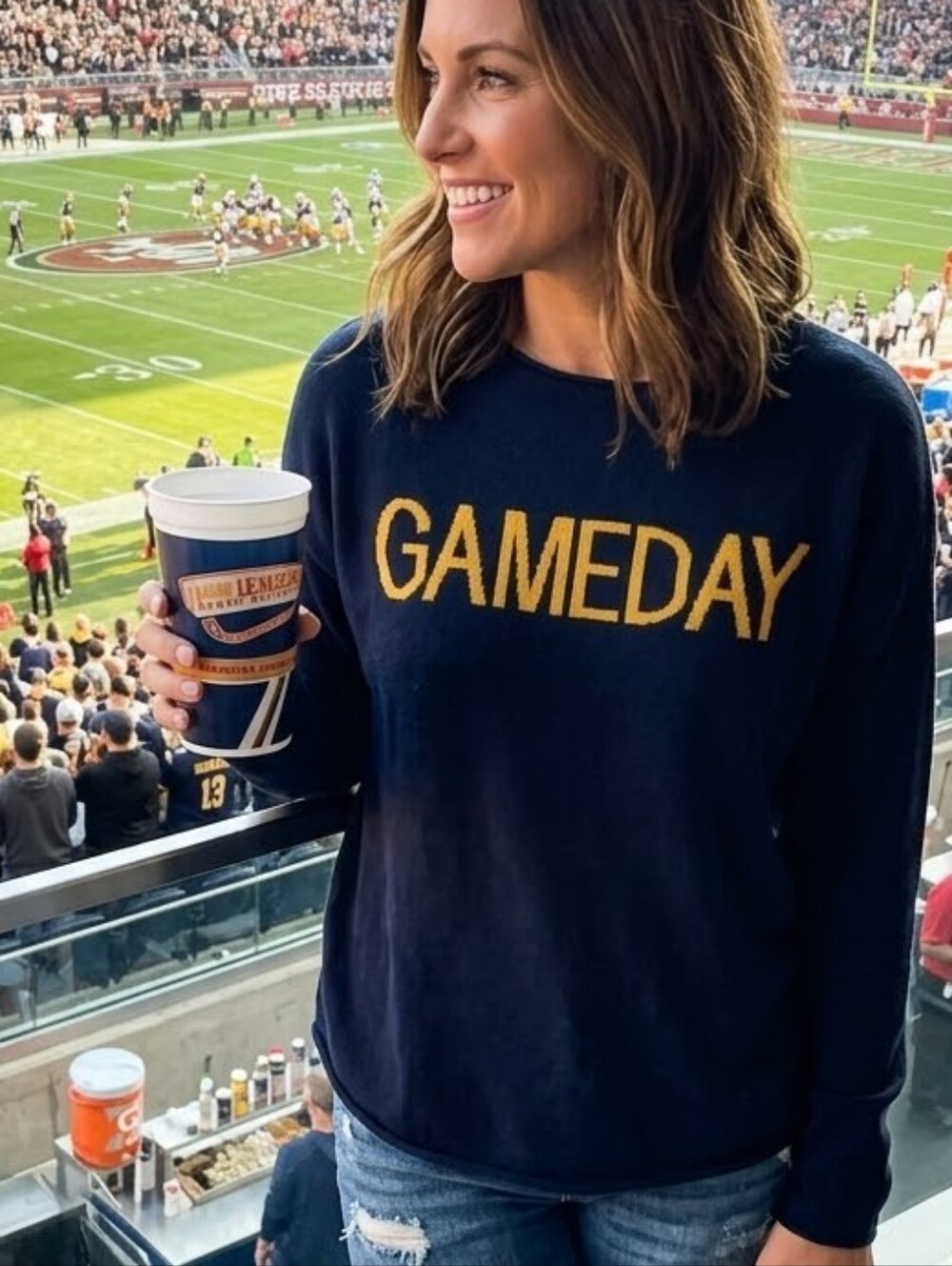 Rachel Zoe Navy Blue GAMEDAY Graphic Knit Sweater Size Large